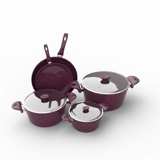 TopChef Granite Cookware Set - 8 pcs  -  With Glass Cover  - Burghndy - 1